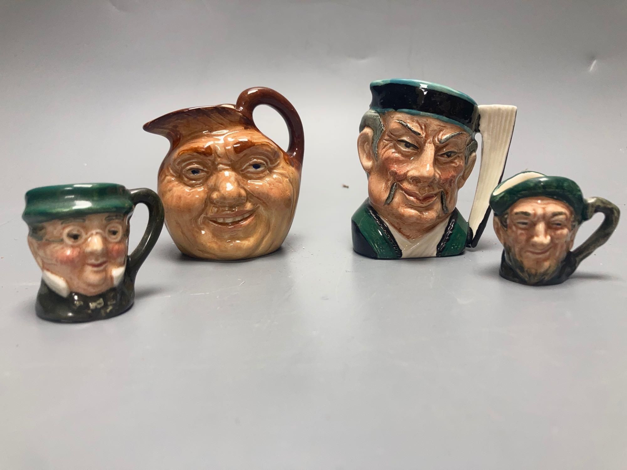 Royal Doulton John Barleycorn large and small character jugs, two Royal Doulton Pickwick and Old Mac tiny character jugs, Royal Doulton